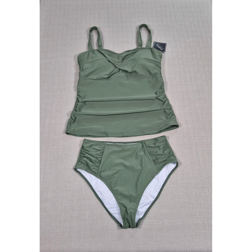 Zaful Tankini Swimsuit Set Green High Waisted Tummy Control Ruched Womens Large